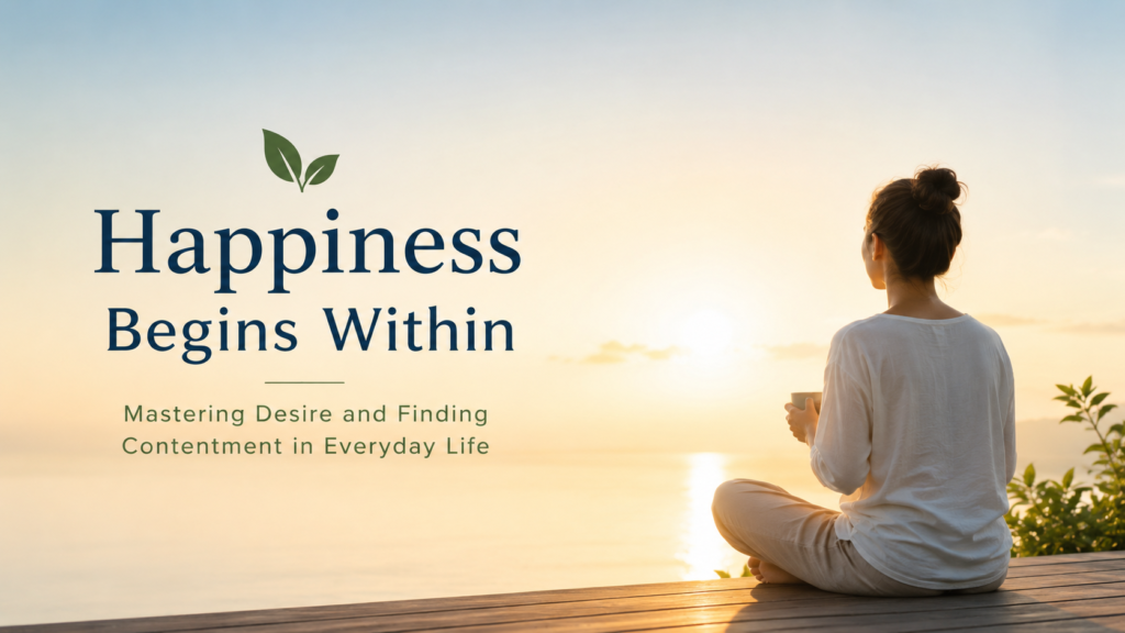 A peaceful sunrise over a calm lake with a person quietly reflecting, symbolizing contentment, mindfulness, and lasting happiness through mastering desire.