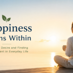 A peaceful sunrise over a calm lake with a person quietly reflecting, symbolizing contentment, mindfulness, and lasting happiness through mastering desire.