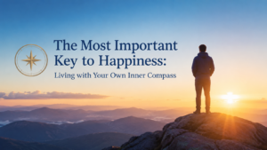 A person stands alone on a mountain peak at sunrise, looking toward the horizon, symbolizing inner strength, self-direction, and the pursuit of lasting happiness guided by an inner compass.