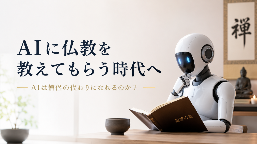 AIロボットが般若心経を読みながら考える姿と仏像が描かれた寺院風の空間に、「AIに仏教を教えてもらう時代へ|AIは僧侶の代わりになれるのか?」という文字を配置した画像。